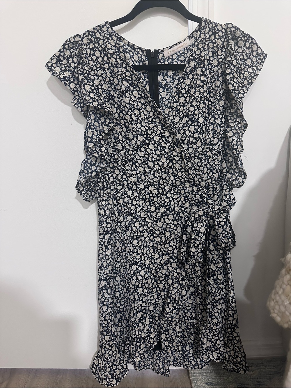 Navy and White Floral Wrap Mini Dress with Tie Waist